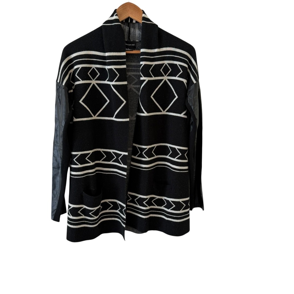 Central Park West Aztec Cardigan Sweater Womens M Black Faux Leather Sleeves